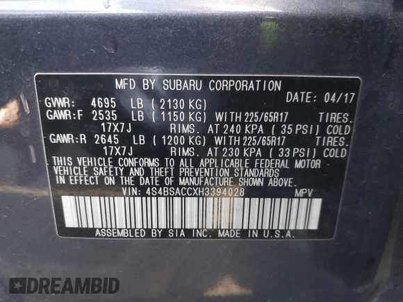 2017 Subaru Outback Premium with VIN 4S4BSACCXH3394028, listed as a IAAI auction lot 41548570 with 159,342 mi miles and . Bid and sale history available at DreamBid. Image 9.
