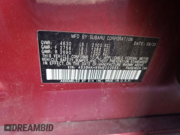 2021 Subaru Legacy Sport with VIN 4S3BWAH66M3002555, listed as a Copart auction lot 77437174 with 40,744 mi miles and Salvage Title. Bid and sale history available at carsss.com. Image 14.