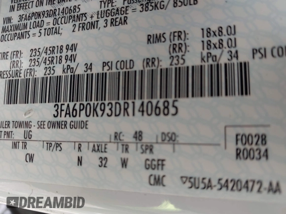 2013 Ford Fusion Titanium with VIN 3FA6P0K93DR140685, listed as a IAAI auction lot 42541546 with 132,465 mi miles and . Bid and sale history available at DreamBid. Image 9.
