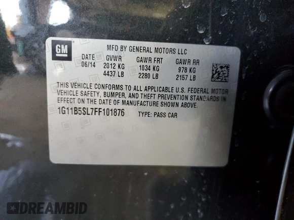 2015 Chevrolet Malibu LS with VIN 1G11B5SL7FF101876, listed as a Copart auction lot 43988505 with 136,289 mi miles and Salvage Title. Bid and sale history available at DreamBid. Image 12.