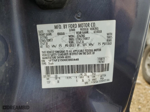 2006 Ford Super Duty F-250 XL with VIN 1FTNF21506EB60448, listed as a Copart auction lot 72930674 with 154,008 mi miles and Salvage Title. Bid and sale history available at carsss.com. Image 14.