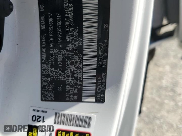 2020 Toyota Sienna XLE Auto Access Seat with VIN 5TDYZ3DC5LS077219, listed as a Copart auction lot 58377395 with 104,517 mi miles and Salvage title. Bid and sale history available at DreamBid. Image 13.