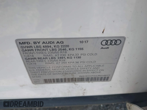 2018 Audi Q3 Premium with VIN WA1ECCFS3JR016577, listed as a IAAI auction lot 42177891 with 91,876 mi miles and . Bid and sale history available at DreamBid. Image 9.
