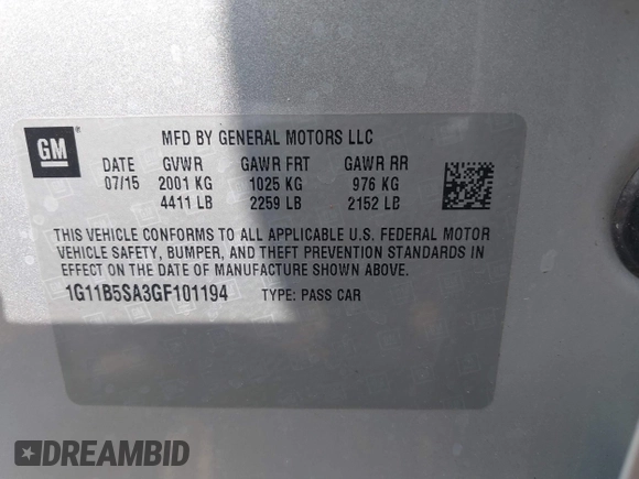 2016 Chevrolet Malibu Limited LS with VIN 1G11B5SA3GF101194, listed as a IAAI auction lot 41874834 with 99,631 mi miles. Bid and sale history available at carsss.com. Image 9.