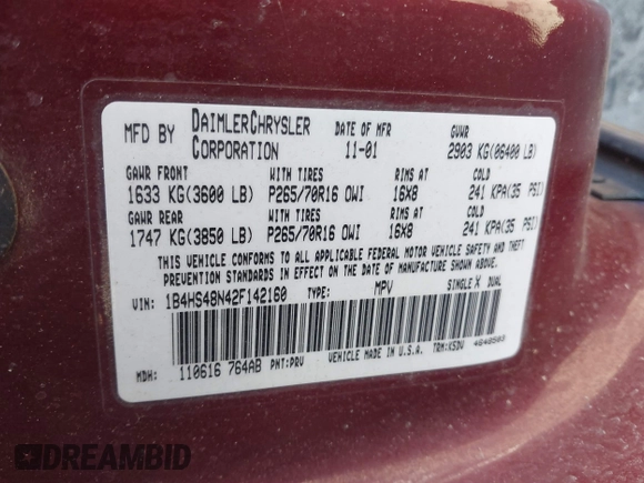 2002 Dodge Durango SLT with VIN 1B4HS48N42F142160, listed as a IAAI auction lot 41878384 with 201,581 mi miles and . Bid and sale history available at DreamBid. Image 9.