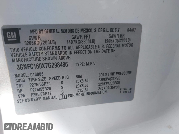2007 Chevrolet Suburban LT with VIN 3GNFC160X7G298486, listed as a IAAI auction lot 41494944 with 348,108 mi miles and . Bid and sale history available at DreamBid. Image 9.