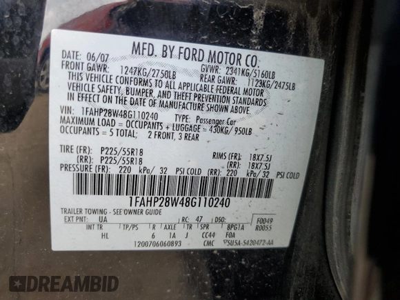 2008 Ford Taurus Limited with VIN 1FAHP28W48G110240, listed as a Copart auction lot 72583964 with 267,730 mi miles and Salvage Title. Bid and sale history available at carsss.com. Image 12.