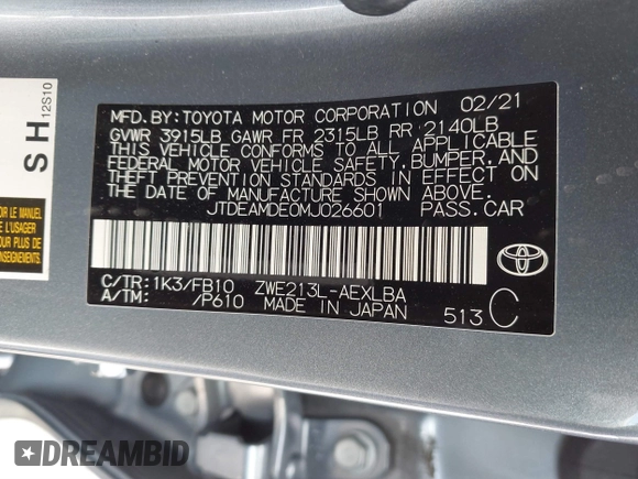 2021 Toyota Corolla Hybrid LE with VIN JTDEAMDE0MJ026601, listed as a IAAI auction lot 41797452 with 85,294 mi miles. Bid and sale history available at carsss.com. Image 9.