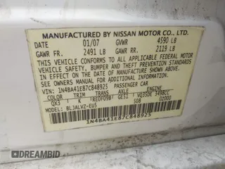 2007 Nissan Maxima 3.5 SL with VIN 1N4BA41E87C848925, listed as a IAAI auction lot 41975328 with 192,982 mi miles. Bid and sale history available at carsss.com. Image 9.