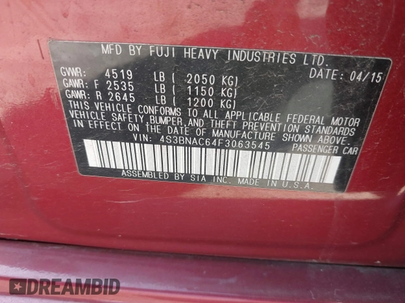2015 Subaru Legacy Premium with VIN 4S3BNAC64F3063545, listed as a IAAI auction lot 42579358 with 181,683 mi miles and . Bid and sale history available at DreamBid. Image 9.