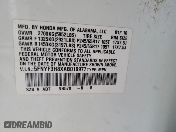 2010 Honda Pilot Touring with VIN 5FNYF3H8XAB019977, listed as a Copart auction lot 75955974 with 136,873 mi miles and Salvage Title. Bid and sale history available at DreamBid. Image 13.