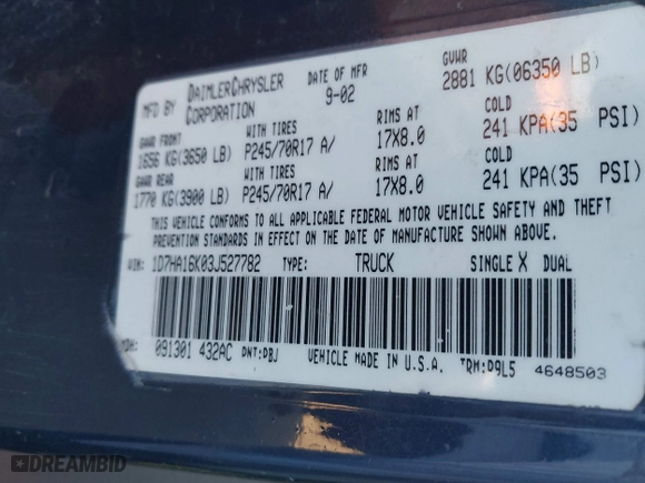 2003 Dodge Ram 1500 ST with VIN 1D7HA16K03J527782, listed as a IAAI auction lot 41842055 with 288,803 mi miles. Bid and sale history available at carsss.com. Image 9.