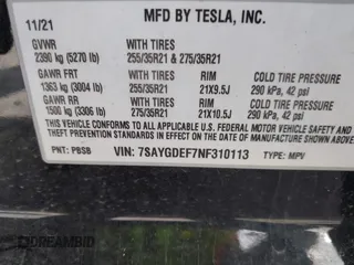 2022 Tesla Model Y Performance with VIN 7SAYGDEF7NF310113, listed as a IAAI auction lot 42038407 with 46,052 mi miles and . Bid and sale history available at DreamBid. Image 9.