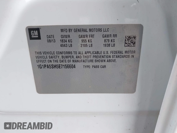 2014 Chevrolet Cruze LS with VIN 1G1PA5SH5E7156604, listed as a IAAI auction lot 41928010 with Not Provided miles and . Bid and sale history available at DreamBid. Image 9.