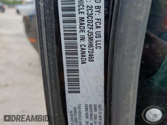 2021 Dodge Challenger R/T Scat Pack z VIN 2C3CDZFJ5MH672468, wystawiony jako Copart lot #59611165 z przebiegiem 19 100 mil mil oraz Szkoda całkowita • Salvage title. Historia ofert i sprzedaży dostępna na DreamBid. Obrazek 12.
