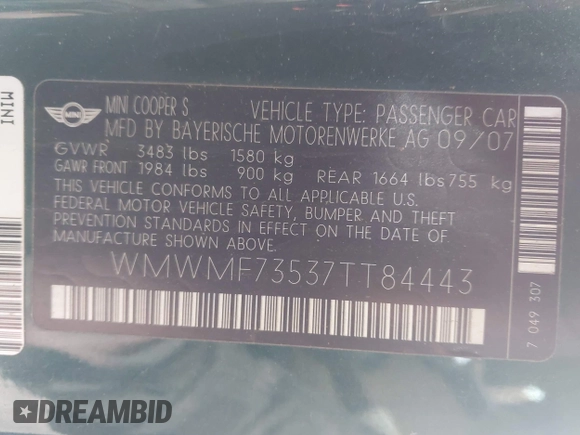 2007 MINI Hardtop S z VIN WMWMF73537TT84443, wystawiony jako IAAI lot #42018224 z przebiegiem 85 846 mil mil oraz . Historia ofert i sprzedaży dostępna na DreamBid. Obrazek 9.
