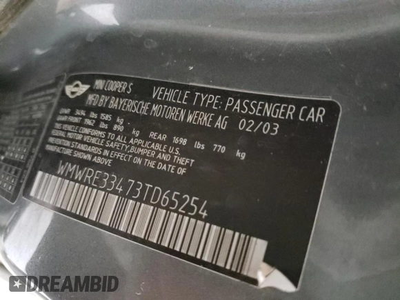 2003 MINI Hardtop S with VIN WMWRE33473TD65254, listed as a Copart auction lot 57102142 with Not Provided miles and Non Repairable. Bid and sale history available at DreamBid. Image 10.
