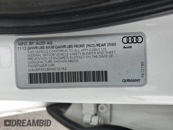 2013 Audi A6 Premium Plus with VIN WAUDFAFC8DN076742, listed as a Copart auction lot 51014335 with 92,694 mi miles and Salvage title. Bid and sale history available at DreamBid. Image 12.