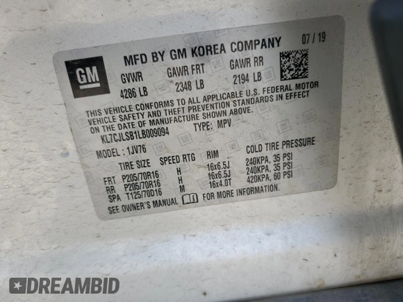 2020 Chevrolet Trax LT with VIN KL7CJLSB1LB009094, listed as a Copart auction lot 48667935 with 62,215 mi miles and Salvage Title. Bid and sale history available at DreamBid. Image 15.