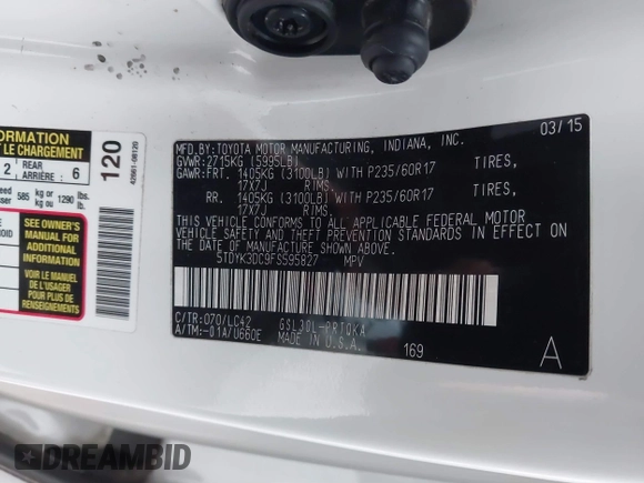 2015 Toyota Sienna XLE with VIN 5TDYK3DC9FS595827, listed as a IAAI auction lot 41014820 with 119,143 mi miles. Bid and sale history available at carsss.com. Image 9.