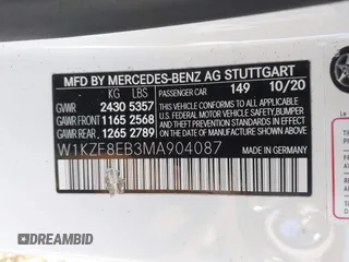 2021 Mercedes-Benz E 350 with VIN W1KZF8EB3MA904087, listed as a IAAI auction lot 41284045 with 37,193 mi miles and . Bid and sale history available at DreamBid. Image 9.