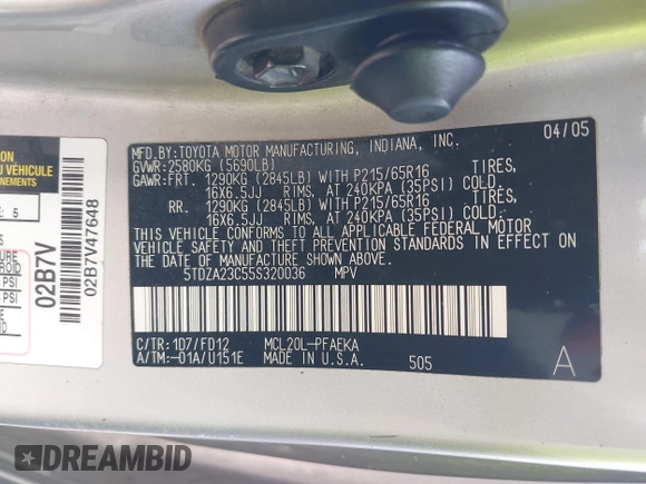 2005 Toyota Sienna CE with VIN 5TDZA23C55S320036, listed as a IAAI auction lot 41424086 with 195,565 mi miles and . Bid and sale history available at DreamBid. Image 9.
