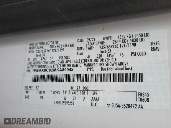 2021 Ford Transit Passenger XL z VIN 1FBAX9C82MKA89042, wystawiony jako Copart lot #74293364 z przebiegiem 5 481 mil mil oraz Szkoda całkowita • Salvage title. Historia ofert i sprzedaży dostępna na DreamBid. Obrazek 13.
