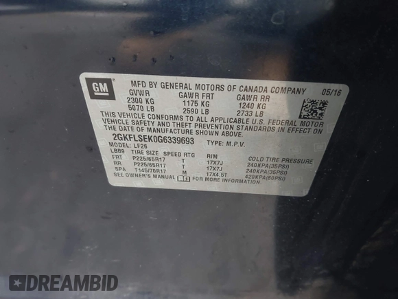 2016 GMC Terrain SLE with VIN 2GKFLSEK0G6339693, listed as a IAAI auction lot 41497407 with 134,303 mi miles. Bid and sale history available at carsss.com. Image 9.
