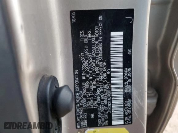 2007 Toyota Highlander w/3rd Row z VIN JTEDW21A070019527, wystawiony jako Copart lot #48214145 z przebiegiem 185 596 mil mil oraz Szkoda całkowita • Salvage title. Historia ofert i sprzedaży dostępna na DreamBid. Obrazek 13.