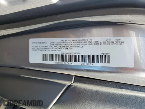 2009 Subaru Tribeca Limited с VIN 4S4WX92D794407261, выставлен на аукционе Copart как лот 63380953 с пробегом 155 854 миль миль и Чистый • Clean title. История ставок и продаж доступна на DreamBid. Изображение 12.