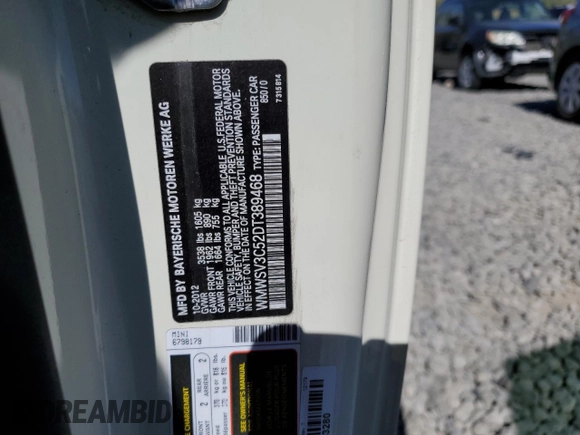 2013 MINI Hardtop S with VIN WMWSV3C52DT389468, listed as a Copart auction lot 57293845 with 84,723 mi miles and Salvage title. Bid and sale history available at DreamBid. Image 12.