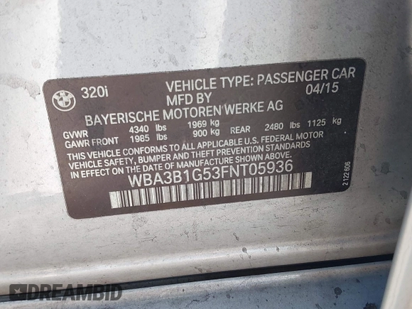 2015 BMW 3 Series 320i with VIN WBA3B1G53FNT05936, listed as a IAAI auction lot 42591667 with 143,594 mi miles and . Bid and sale history available at DreamBid. Image 9.