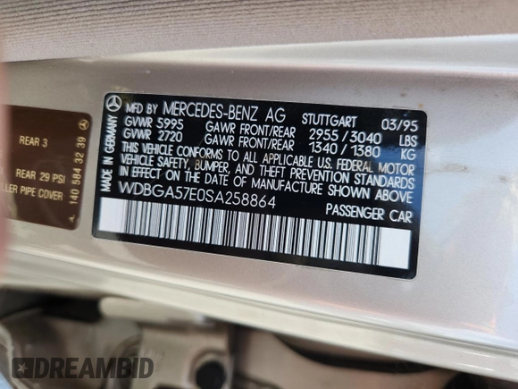 1995 Mercedes-Benz S с VIN WDBGA57E0SA258864, выставлен на аукционе Copart как лот 64513175 с пробегом 110 770 миль миль и Чистый • Clean title. История ставок и продаж доступна на DreamBid. Изображение 12.