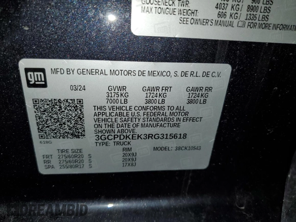 2024 Chevrolet Silverado 1500 LT with VIN 3GCPDKEK3RG315618, listed as a Copart auction lot 52344075 with 7,213 mi miles and Salvage Title. Bid and sale history available at DreamBid. Image 15.
