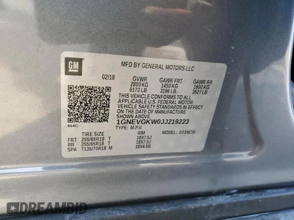 2018 Chevrolet Traverse LT Cloth with VIN 1GNEVGKW0JJ219223, listed as a Copart auction lot 68693383 with 43,890 mi miles. Bid and sale history available at carsss.com. Image 13.