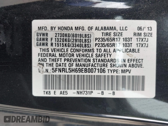 2014 Honda Odyssey EX-L z VIN 5FNRL5H69EB007106, wystawiony jako IAAI lot #41916202 z przebiegiem 164 040 mil mil oraz . Historia ofert i sprzedaży dostępna na DreamBid. Obrazek 9.