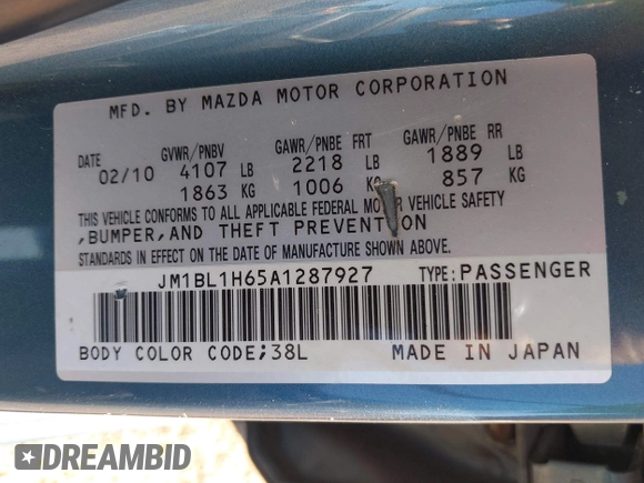 2010 Mazda 3 S Sport with VIN JM1BL1H65A1287927, listed as a IAAI auction lot 42565871 with 239,921 mi miles and . Bid and sale history available at DreamBid. Image 9.