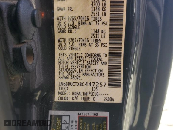 2011 Nissan Frontier S with VIN 1N6BD0CTXBC447257, listed as a Copart auction lot 64505225 with 125,983 mi miles and Salvage title. Bid and sale history available at DreamBid. Image 12.