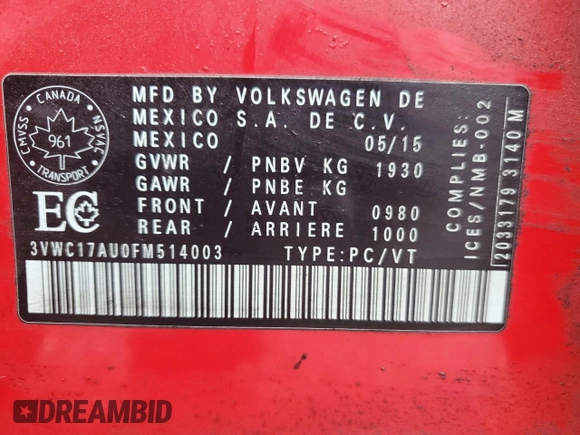 2015 Volkswagen Golf TSI S с VIN 3VWC17AU0FM514003, выставлен на аукционе Copart как лот 49233625 с пробегом 195 926 миль миль и Списание • Salvage title. История ставок и продаж доступна на DreamBid. Изображение 13.