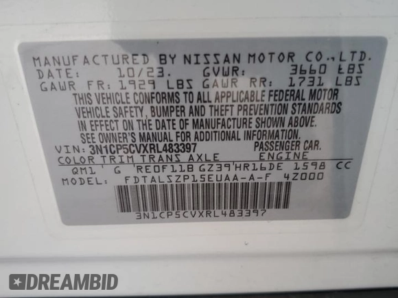 2024 Nissan Kicks SV with VIN 3N1CP5CVXRL483397, listed as a Copart auction lot 47669215 with 8,144 mi miles and Salvage Title. Bid and sale history available at carsss.com. Image 14.