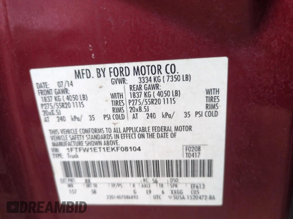 2014 Ford F-150 XL with VIN 1FTFW1ET1EKF08104, listed as a Copart auction lot 43540235 with 206,253 mi miles and Salvage Title. Bid and sale history available at carsss.com. Image 12.