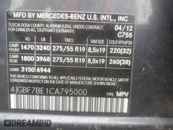 2012 Mercedes-Benz GL 450 z VIN 4JGBF7BE1CA795000, wystawiony jako Copart lot #60209055 z przebiegiem 167 244 mil mil oraz Szkoda całkowita • Salvage title. Historia ofert i sprzedaży dostępna na DreamBid. Obrazek 14.