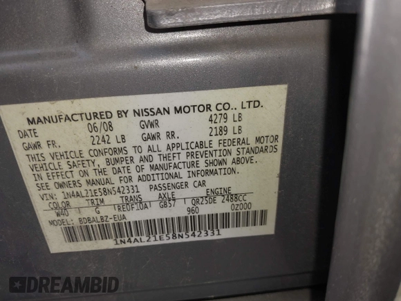 2008 Nissan Altima SL with VIN 1N4AL21E58N542331, listed as a IAAI auction lot 42202303 with 213,756 mi miles and . Bid and sale history available at DreamBid. Image 9.