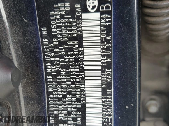 2016 Toyota Corolla L z VIN 5YFBURHE5GP390658, wystawiony jako Copart lot #56589705 z przebiegiem 125 121 mil mil oraz Szkoda całkowita • Salvage title. Historia ofert i sprzedaży dostępna na DreamBid. Obrazek 12.
