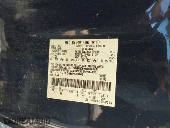 2011 Ford Ranger XL with VIN 1FTKR1AD9BPA73402, listed as a IAAI auction lot 41486615 with 192,514 mi miles. Bid and sale history available at carsss.com. Image 9.