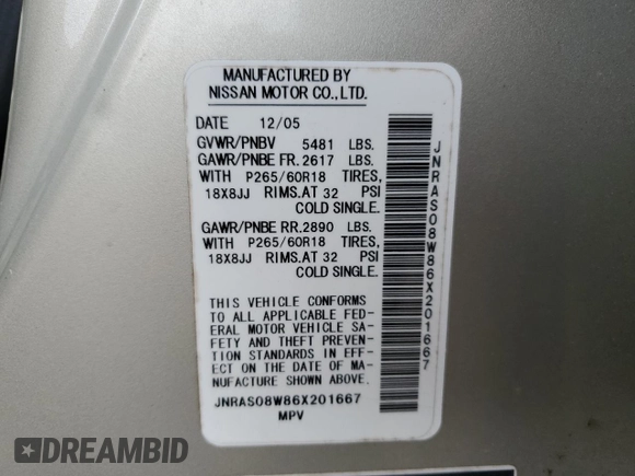 2006 Infiniti FX with VIN JNRAS08W86X201667, listed as a Copart auction lot 53884045 with 169,988 mi miles and Salvage Title. Bid and sale history available at DreamBid. Image 13.