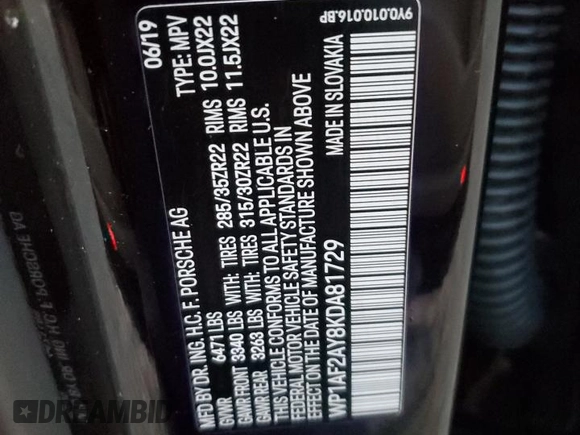 2019 Porsche Cayenne Turbo with VIN WP1AF2AY8KDA81729, listed as a Copart auction lot 73894224 with 26,363 mi miles and Salvage title. Bid and sale history available at DreamBid. Image 13.