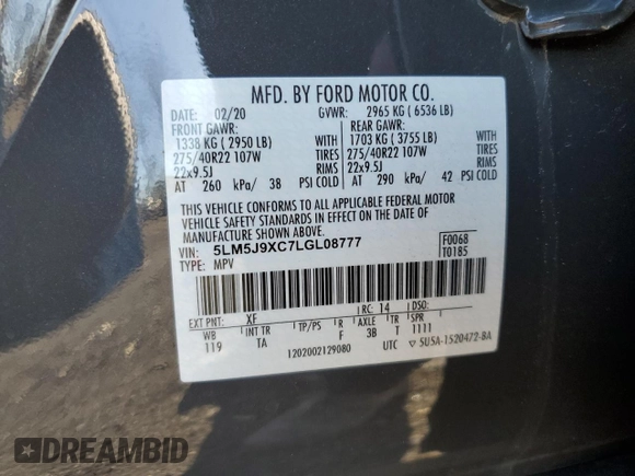 2020 Lincoln Aviator Black Label with VIN 5LM5J9XC7LGL08777, listed as a Copart auction lot 84043844 with 77,962 mi miles and Salvage title. Bid and sale history available at DreamBid. Image 13.