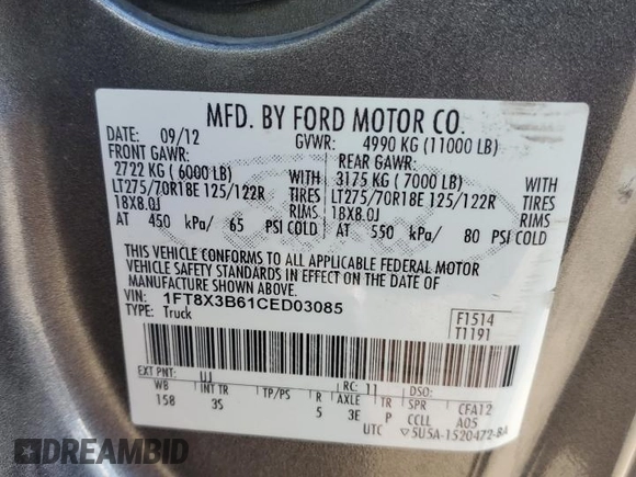 2012 Ford F-350 XL z VIN 1FT8X3B61CED03085, wystawiony jako Copart lot #47271605 z przebiegiem 162 512 mil mil oraz Czysty tytuł • Clean title. Historia ofert i sprzedaży dostępna na DreamBid. Obrazek 13.