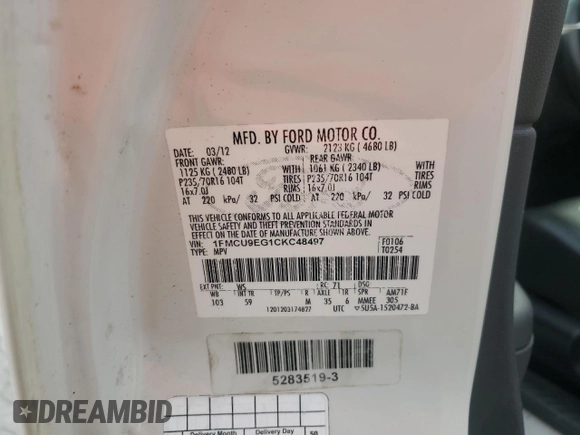 2012 Ford Escape Limited с VIN 1FMCU9EG1CKC48497, выставлен на аукционе Copart как лот 64093065 с пробегом 189 856 миль миль и Списание • Salvage title. История ставок и продаж доступна на DreamBid. Изображение 13.